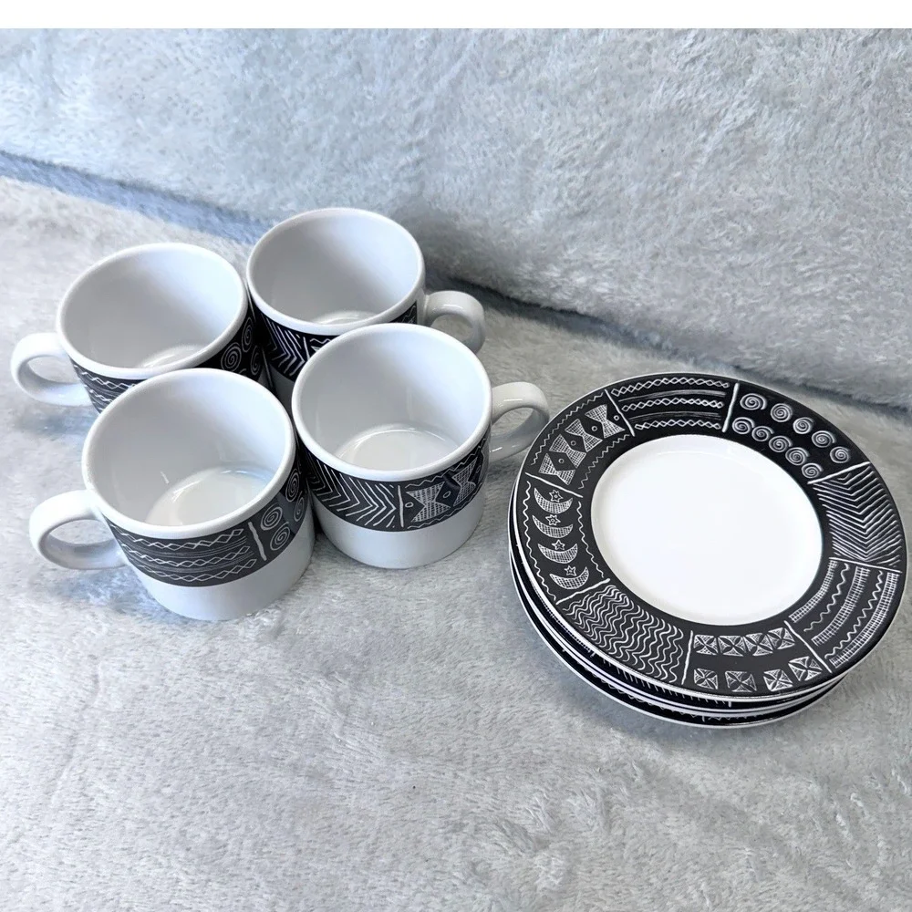 Sakura Batik Cup & Saucer Dessert Set Black White Stoneware Sue Zipkin 1993‎